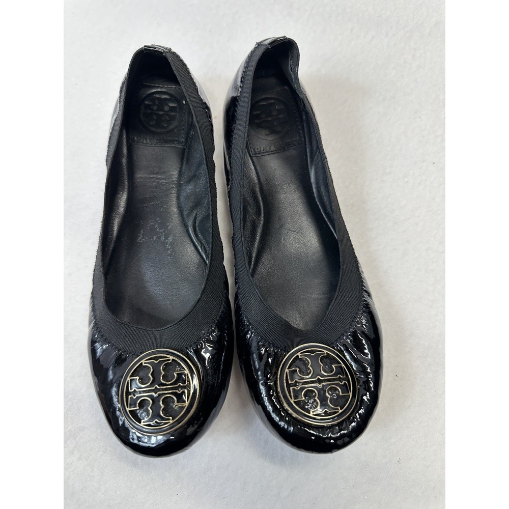 Tory  Burch Caroline Elastic Black Patent Leather Ballet Flat Sz 6.5 M